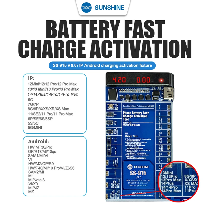 

SUNSHINE SS-915 V8.0 универсальная батарея для быстрой зарядки, тестовая панель для iPhone 5-13 14 Pro Max Mini для Android