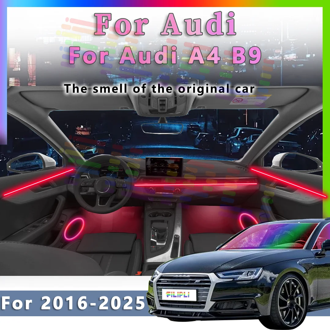 

Для Audi A4 2016-2025: Светодиодная RGB-подсветка салона, оптоволоконная неоновая невидимая атмосферная лента, декоративная подсветка с управлением через приложение