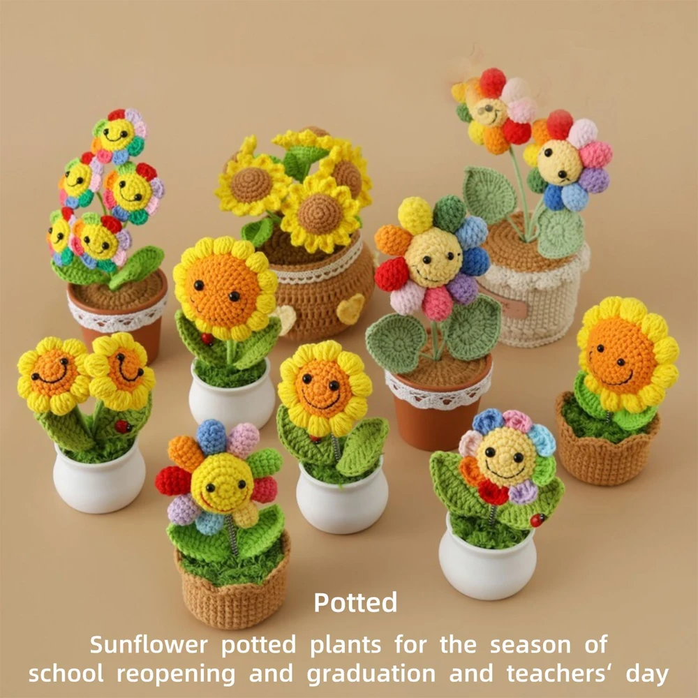 Nuevas flores de sol de ganchillo, lindas flores tejidas en maceta, regalo de graduación, planta tejida a mano, mesa de coche, artículos de decoración del hogar
