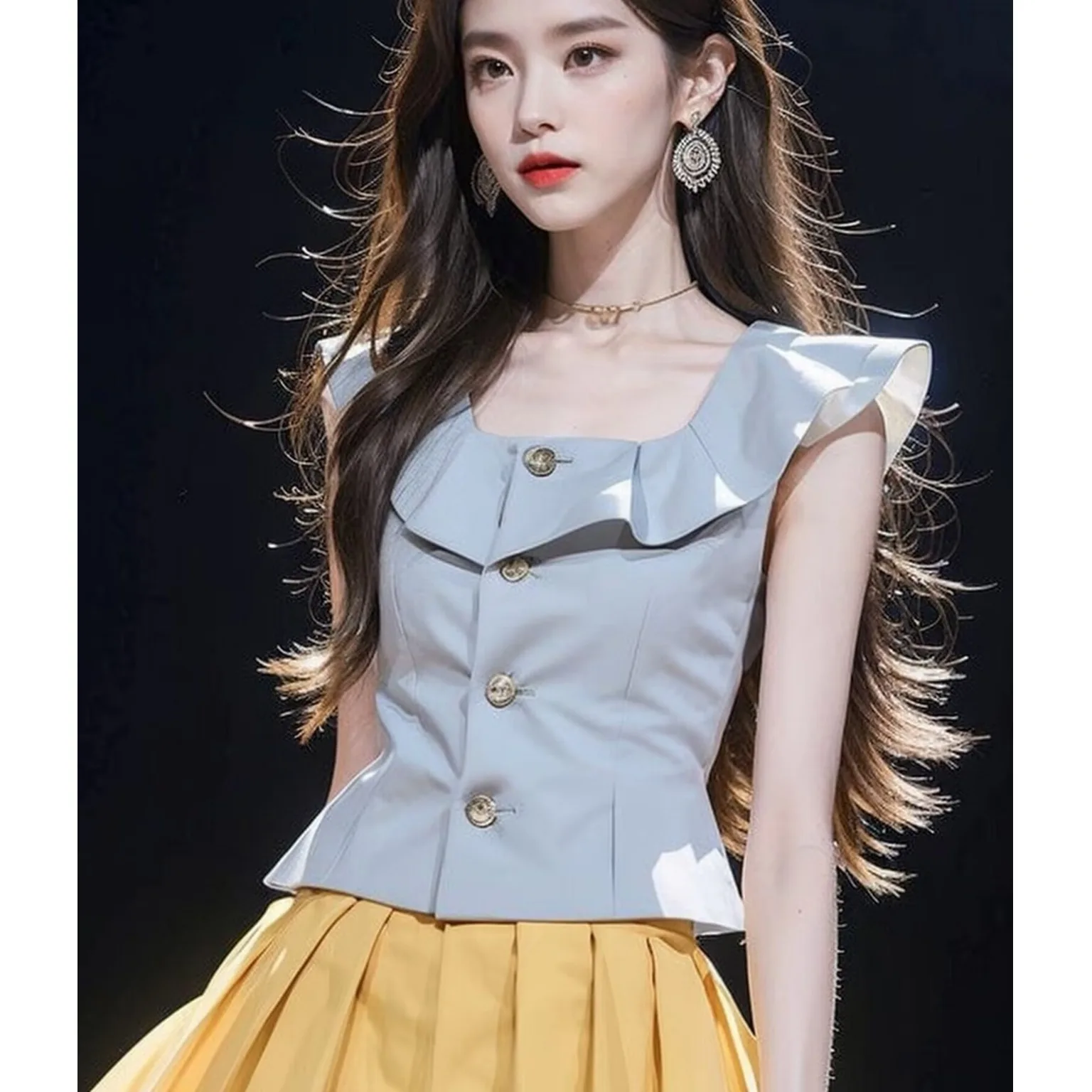 Ele bleu femmes haut ceinturé taille ort Sve col carré Faionable trajet Sle Unique luxe sensation été irt