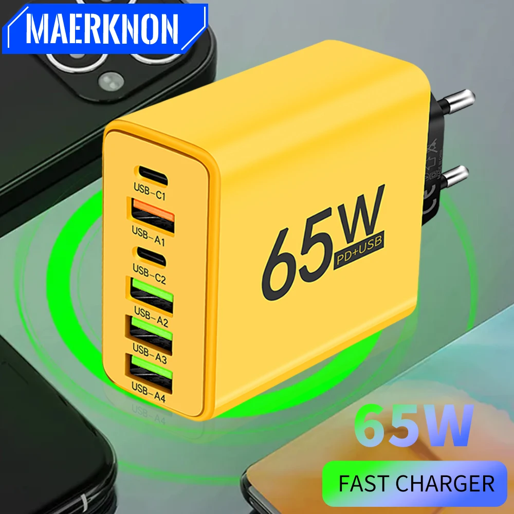 65W USB Type C Charger Fast Charging EU/US Plug Multi Ports Wall Charger For iPhone Samsung Xiaomi 6 Ports Phone Charger Adapter