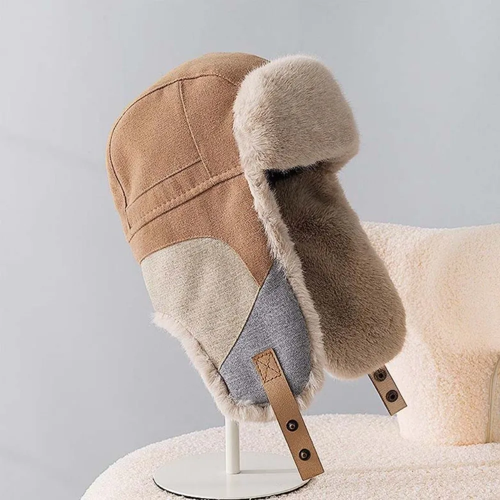 Farbblock-Wintermütze mit Fleece-Futter, Ohrenklappen, winddicht, windresistent, dicke, thermische Patchwork-Skimütze – Detail 13