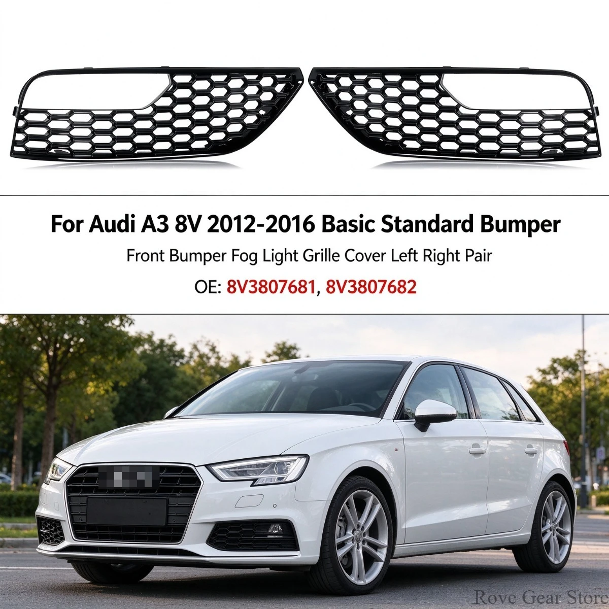 For Audi A3 8V 2012-2016 Basic Standard Bumper Front Bumper Fog Light Grille Cover Left Right Pair 8V3807681 8V3807682