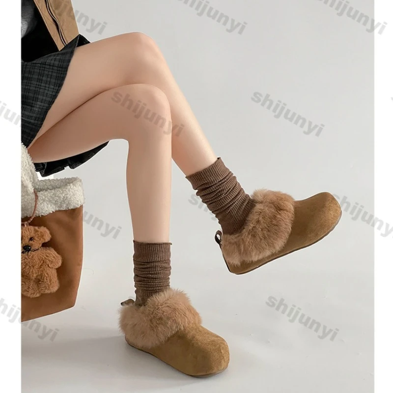 

Women's Plush Slippers 2026 Winter Fashion Non Slip Thicken Warm Outdoor Slippers Round Toe Comfortable Height Increase Boots