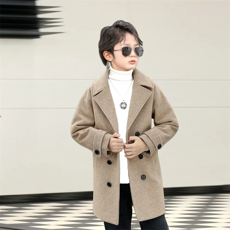 Boys Woolen Coat Overcoat Jacket Windbreak 2024 Khaki Warm Plus Thicken Autumn Winter Cotton School Children's Clothing