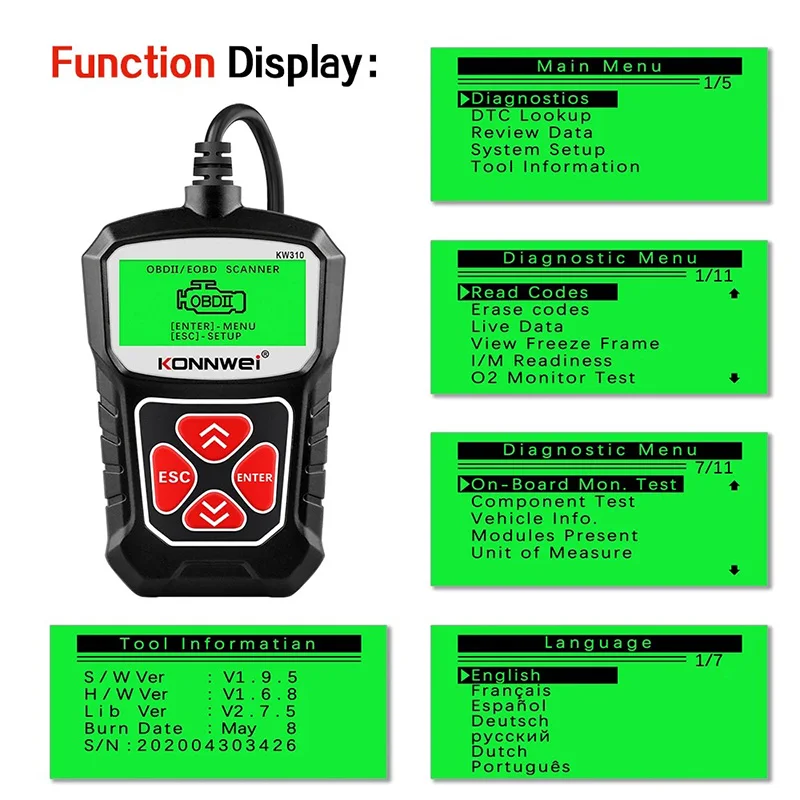 2024 KONNWEI KW310 OBD2 Scanner Auto Diagnostic Tools OBDII EOBD Code Reader For 12V Car DiagnosIs PK CR3001 CR3008 ELM 327