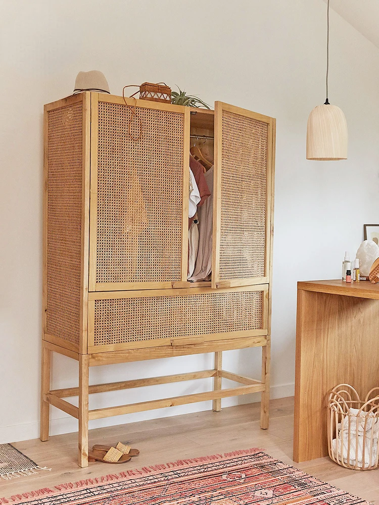 Real Rattan Wardrobe Japanese Clothes Closet TV Cabinet Handmade Vine Woven Hollow-out Long Cabinet