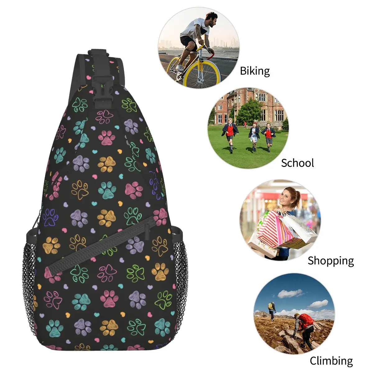 Mochila cruzada colorida con estampado de garabatos para el pecho, bolso de hombro para perro y gato, mochila de día para senderismo y ciclismo al aire libre