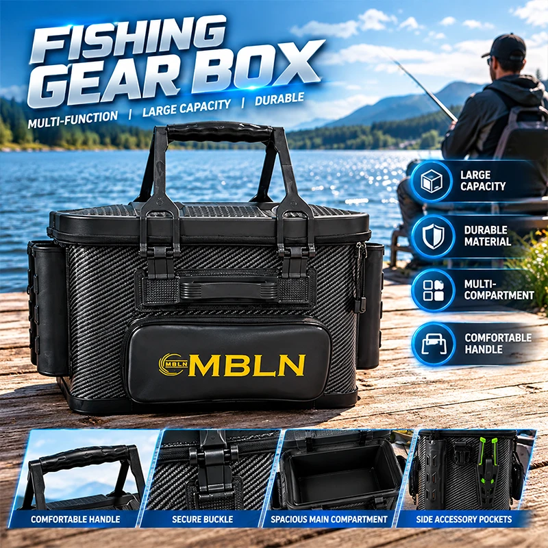 MBLN Angelkoffer mit Reinigungstuch – 70 kg schwerer Hartschalenkoffer, Eimer für lebende Fische, Rutenhalter und Schultergurt. – Detail 2