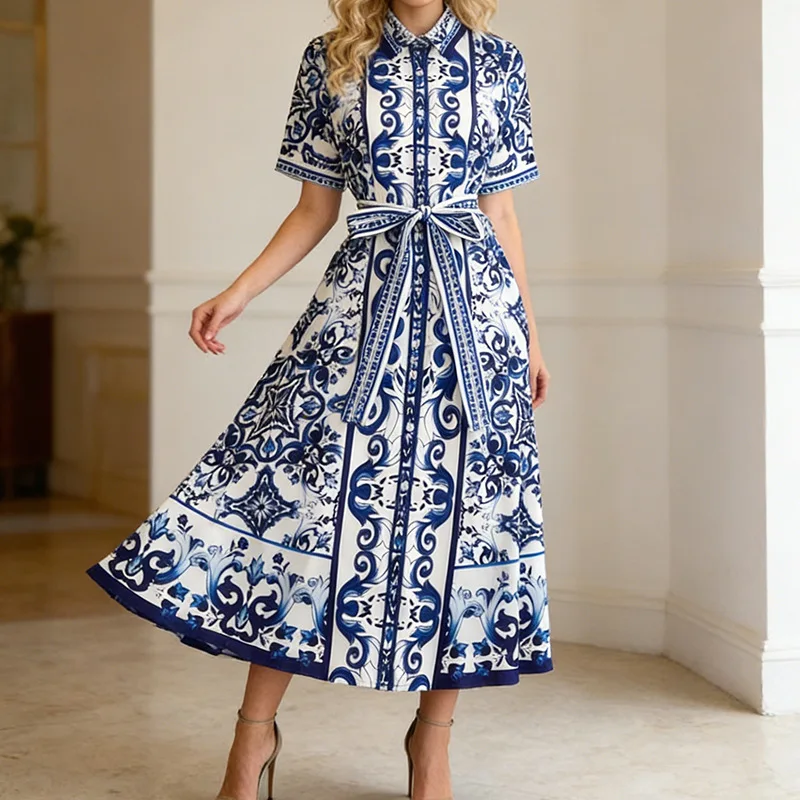 

Long Dress Women Dresses A Line Vestidos Y2k Streetwear Elegant Party Night Work Turn Down Collar Short Sleeve Print High Waist