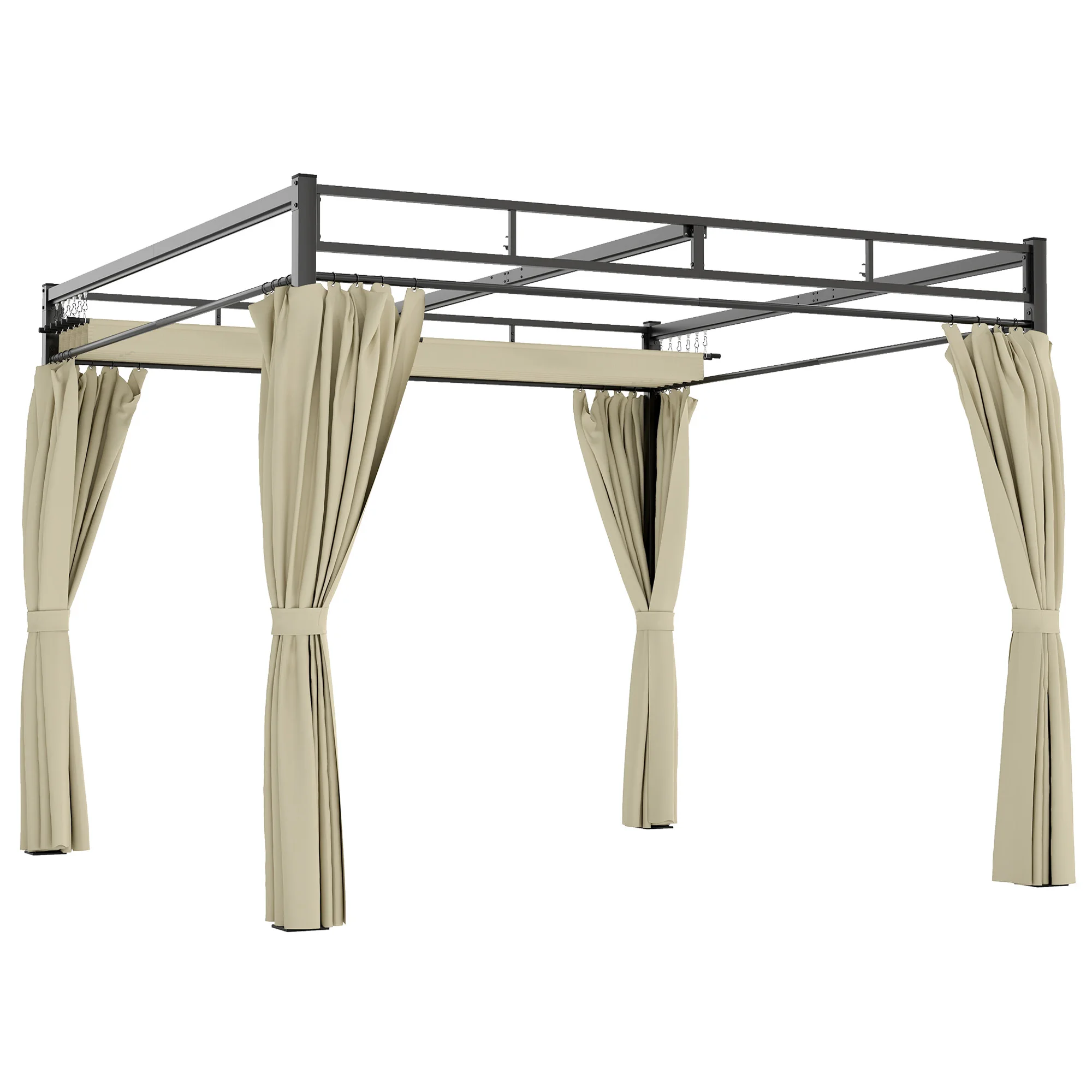 Outsunny Pérgola de Jardín 3x3 m con Techo Retráctil y Cortinas Anti-UV