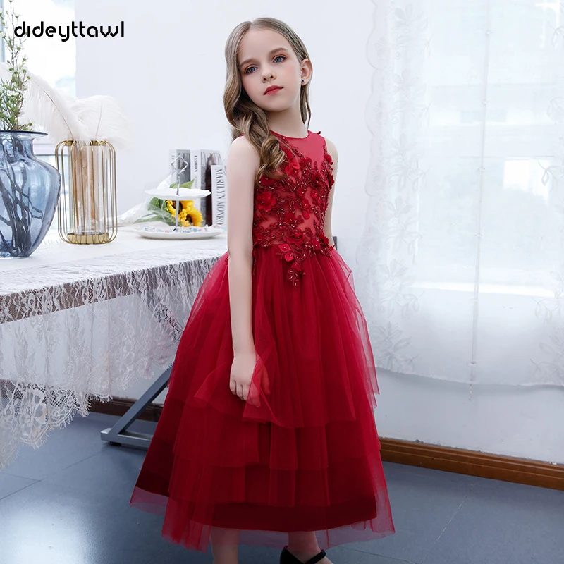 Dideyttawl Customized Red Tea-Length Flower Girl Dress For Christmas Wedding Birthday Tulle Tiered Party Dress Princess Gown