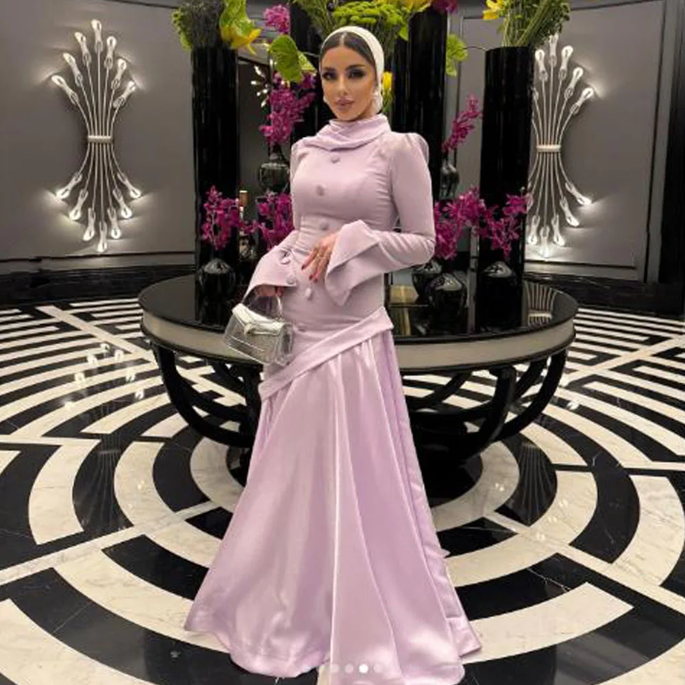 カスタムヒジャブイブニングドレス2025 Oネックロングスリーブマーメイドアビエプロムガウンサテンロングドレス