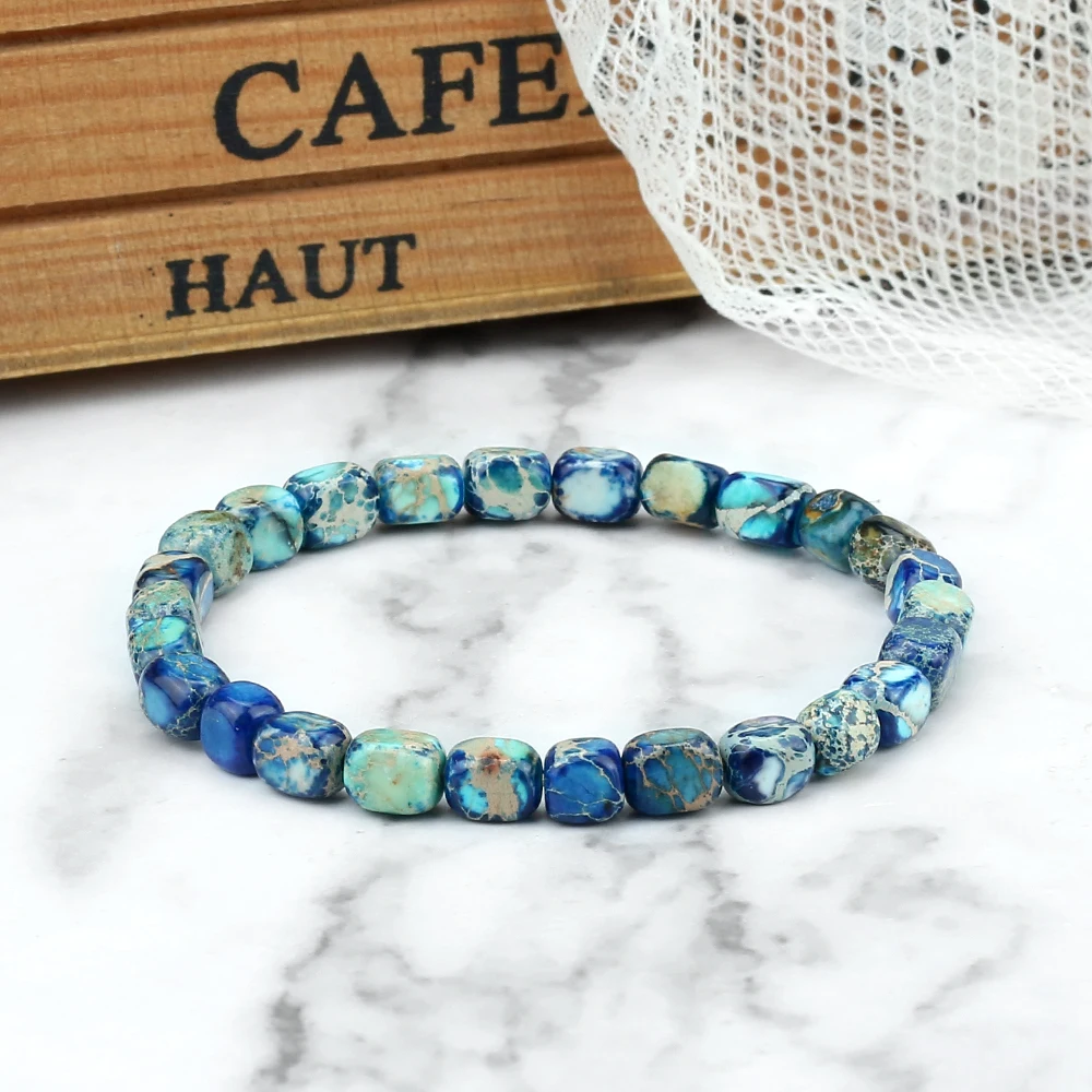 Vintage Elastic Bead Bracelet Square Emperor Stone Bangle Women Men Chakra Healing Couple Bracelet Natural Pulsera Chain Jewelry