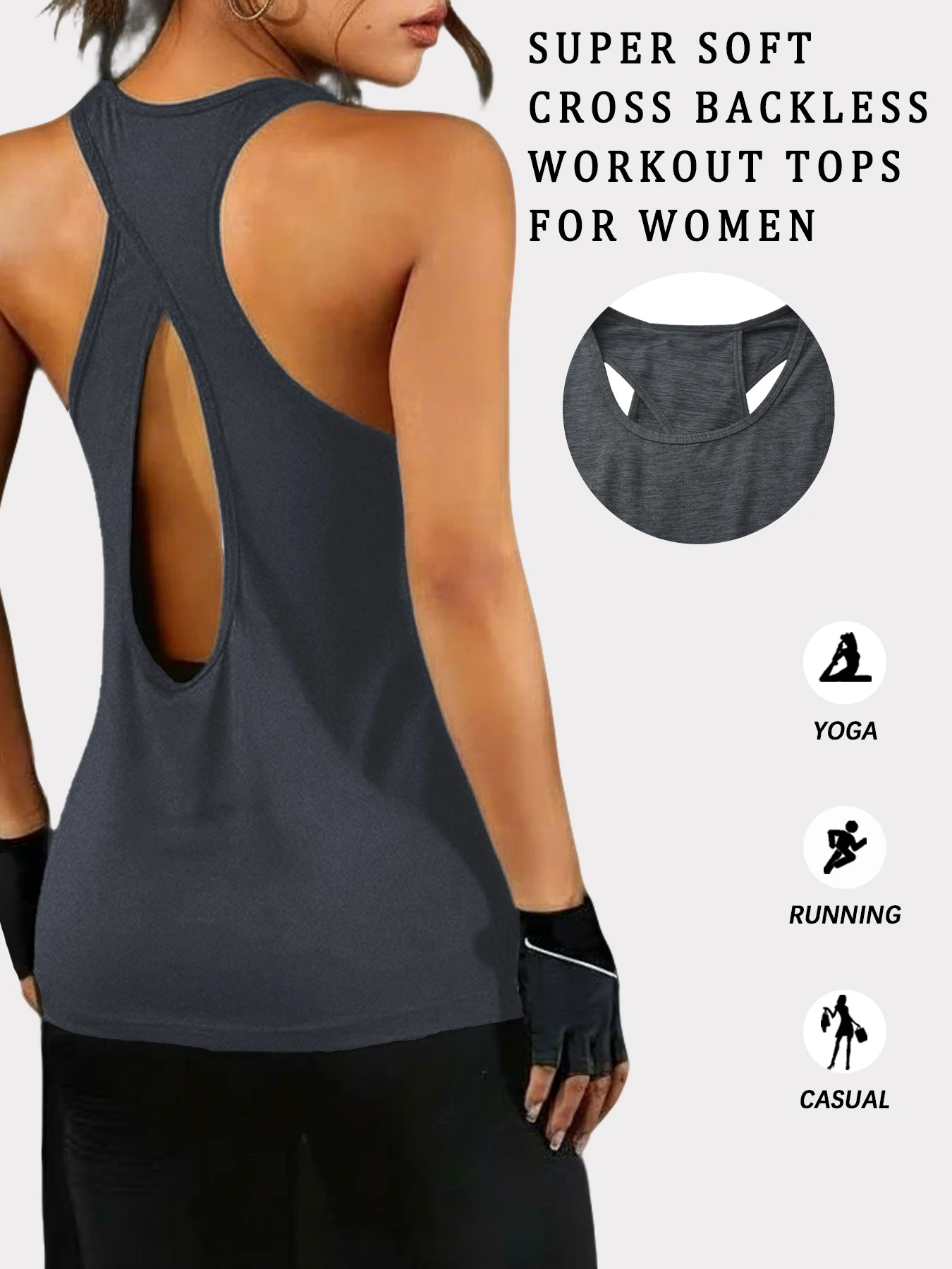 Superweiche Rückenfreie Workout-Tops für Frauen Racerback Tanktops Offener Rücken Lauf-Muskelshirt Yoga-Shirts – Detail 3