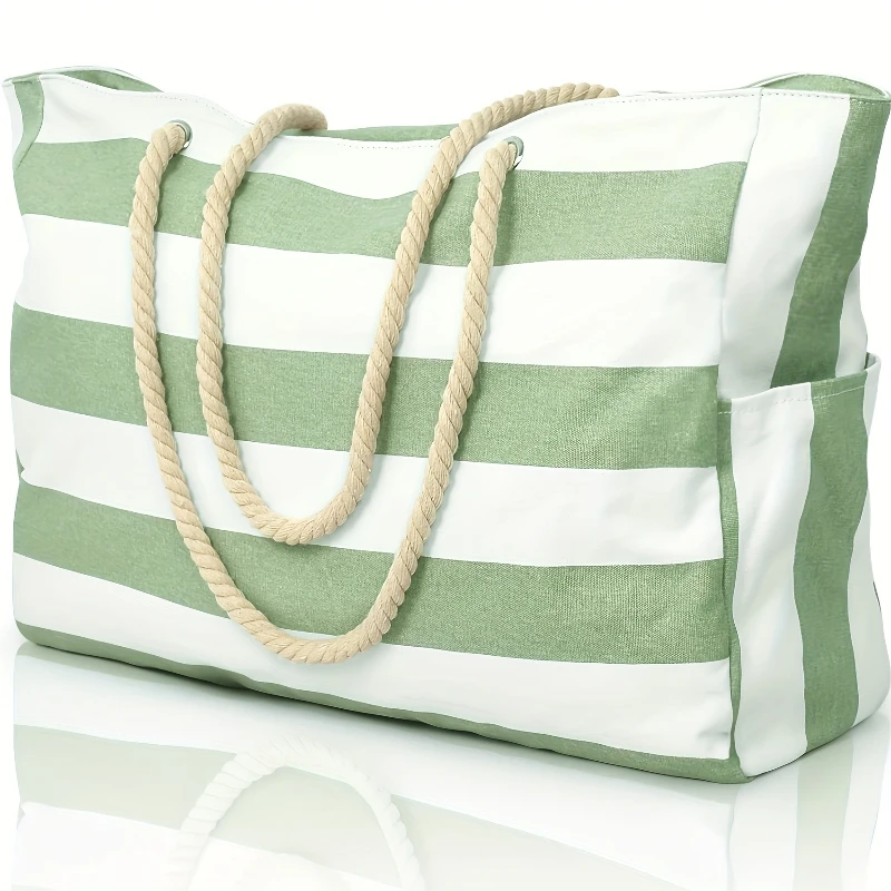 Bolsa tote de praia listrada da moda, bolsa de praia dobrável à prova d'água e à prova de areia, bolsa de armazenamento portátil de grande capacidade, bolsa de ombro