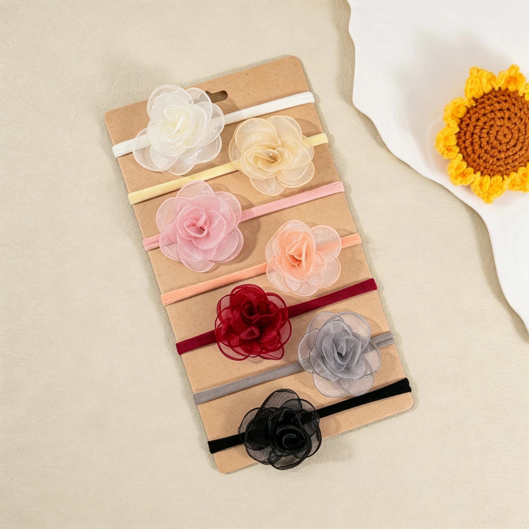 7pcs Organza Flower Baby Headbands Artificial Rose Elastic Hair Wraps Soft Nylon Infant Hair Band Children's Hair Accessories