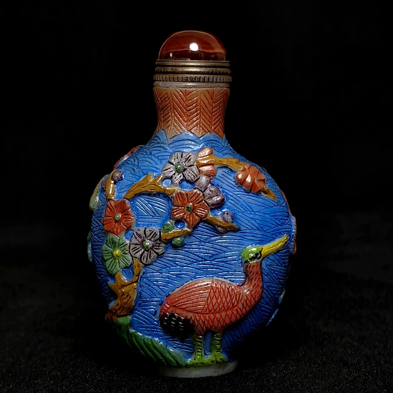 bouteille-a-snuffler-chinoise-antique-de-pekin-epoque-1919-en-ceramique-emaillee-sculptee-et-peinte-motif-floral-et-oiseaux-taille-79×49-cm-objet-de-collection