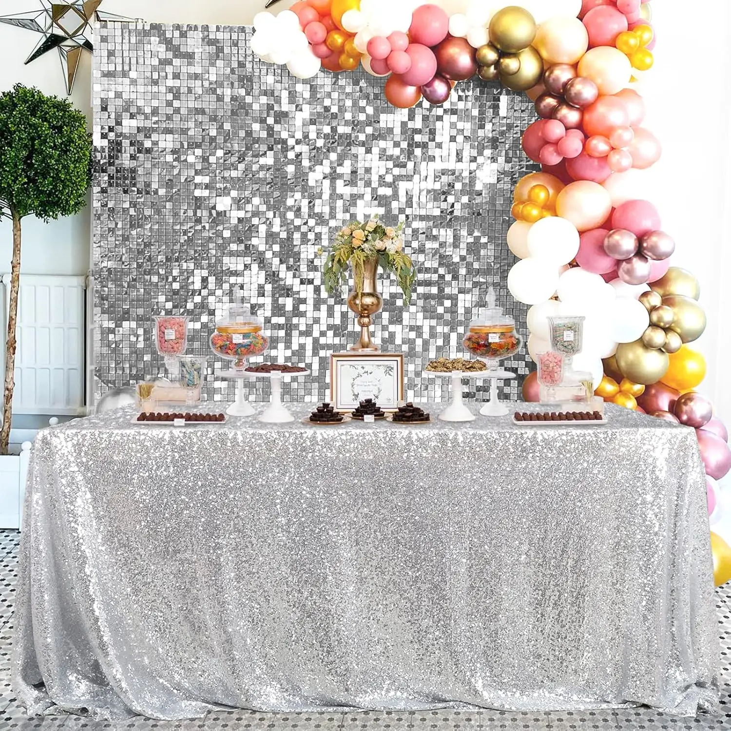 Rectangle Sequin Tablecloth Silvery ,Gold Table Cover Glitter Tablecloth for Wedding Birthday Party Home Decoration Multi Sizes