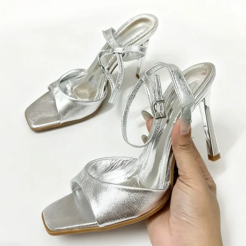 

Designer Silver Ankle Strap Heeled Sandals Women Sexy Open Toe High Heels for Ladies Luxury evening dress Shoes sandalias mujer