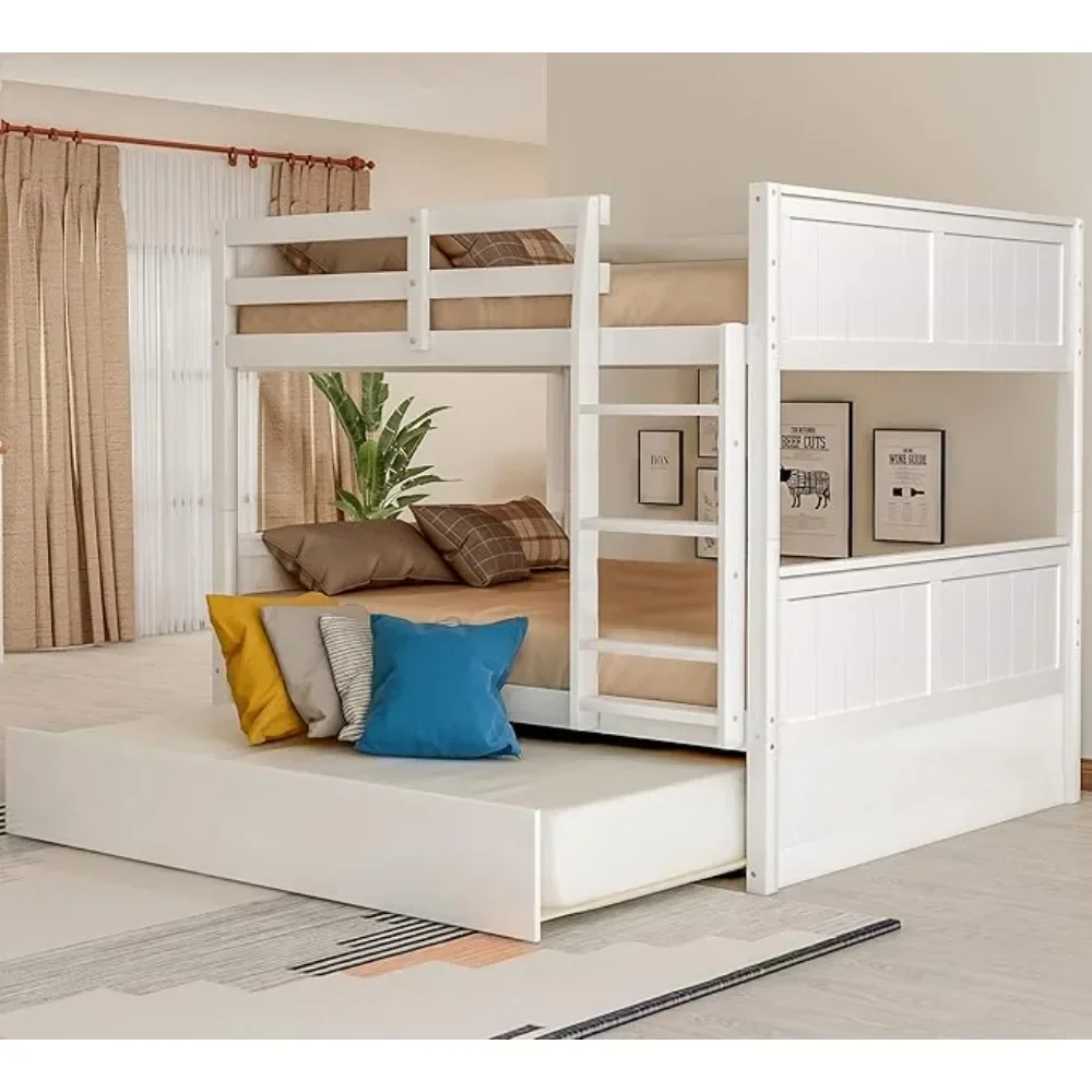 Full Over Full Bunk Beds with Trundle for Teens Solid Wood Bunk with Headboard and Footboard, White Convertible To 2 Beds