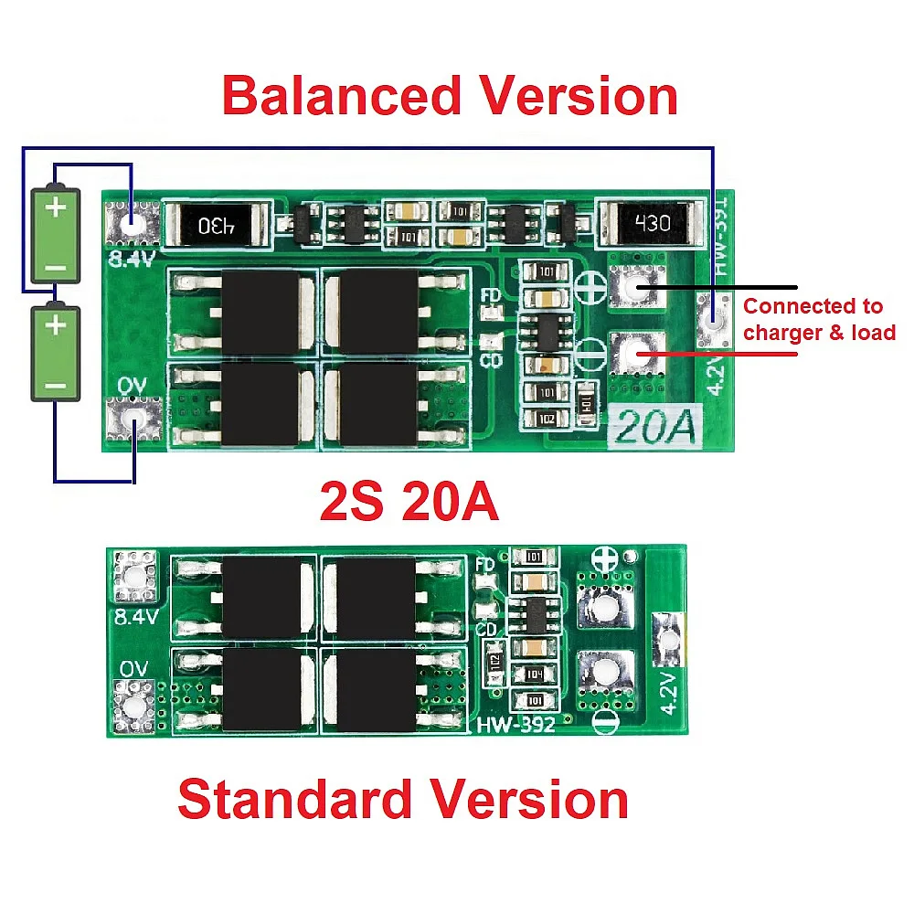 2S 20A 7.4V 8.4V 18650 Lithium Battery Charger Protection Board PCB BMS Board Standard / Balanced 20A Current Module For DIY