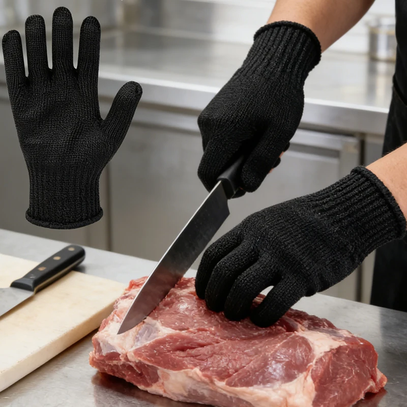 

1 пара черных перчаток для самообороны, стальная проволока, металлические сетчатые перчатки, защитные, против порезов, износостойкие рабочие перчатки, защита безопасности