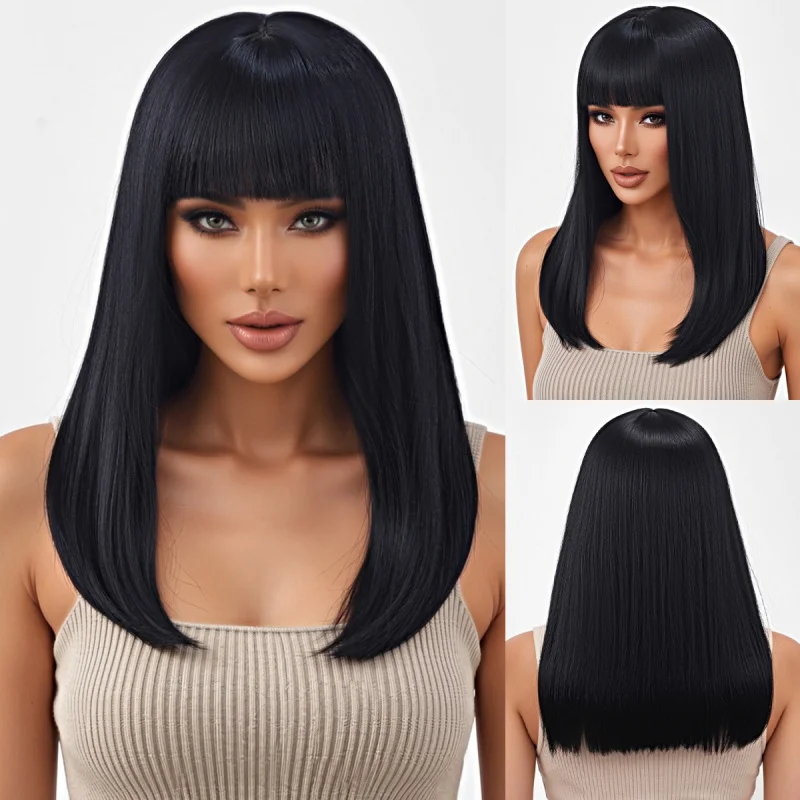 : European and American style, black, medium-length straight hair with bangs, synthetic fiber wig