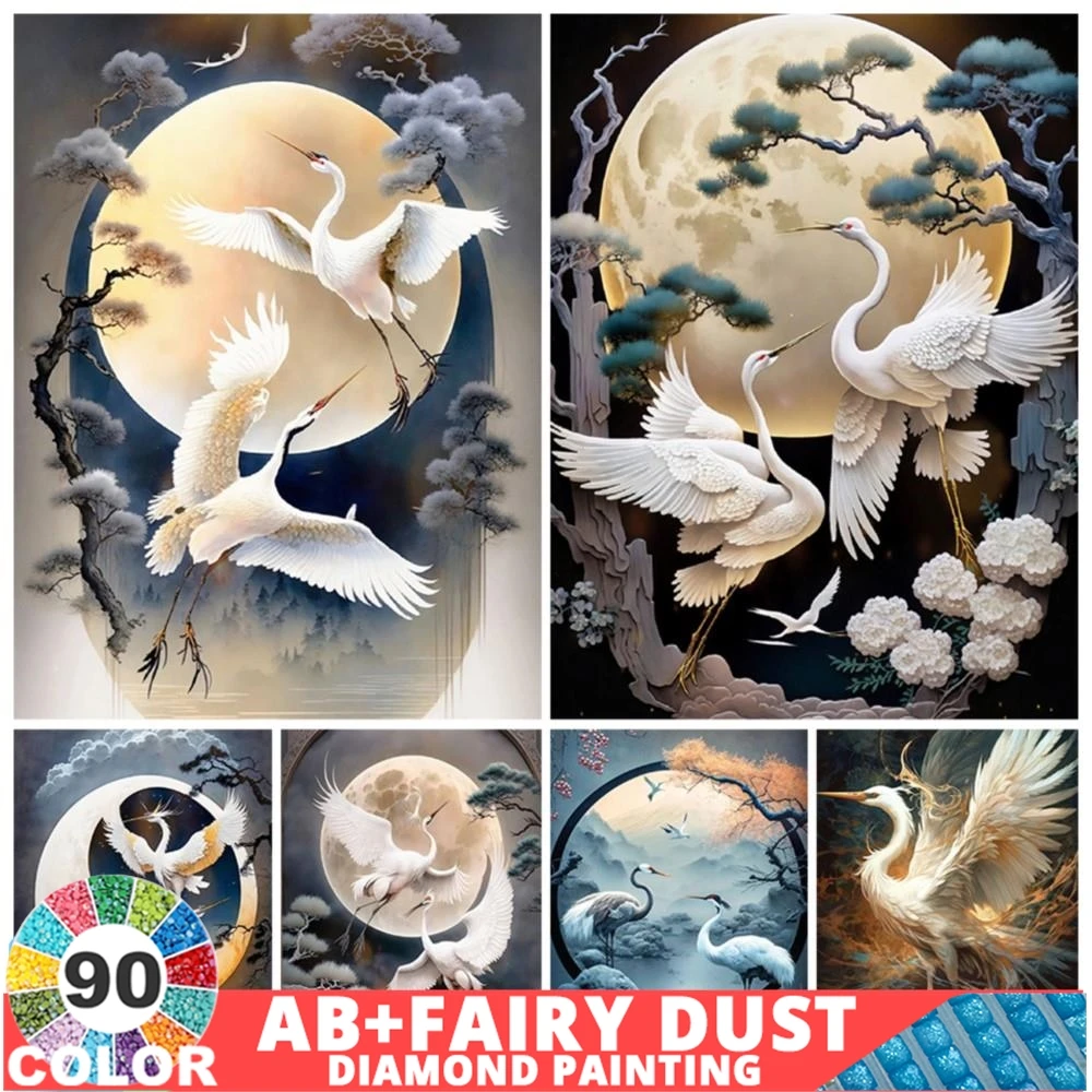 

90 Colour AB Fairy Dust White Crane Full Moon Style Picture Size Diamond Painting Landscape 5D DIY Set Crafts Gift Home Decor