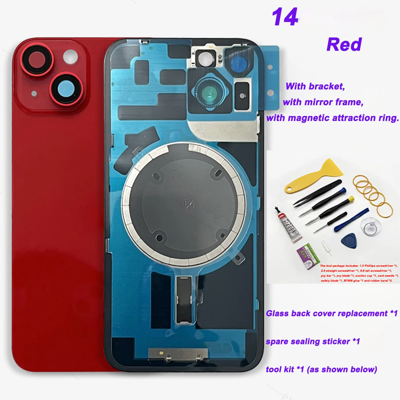 

For iPhone 14 rear glass replacement, original size with camera lens, magnets + professional repair tool kit