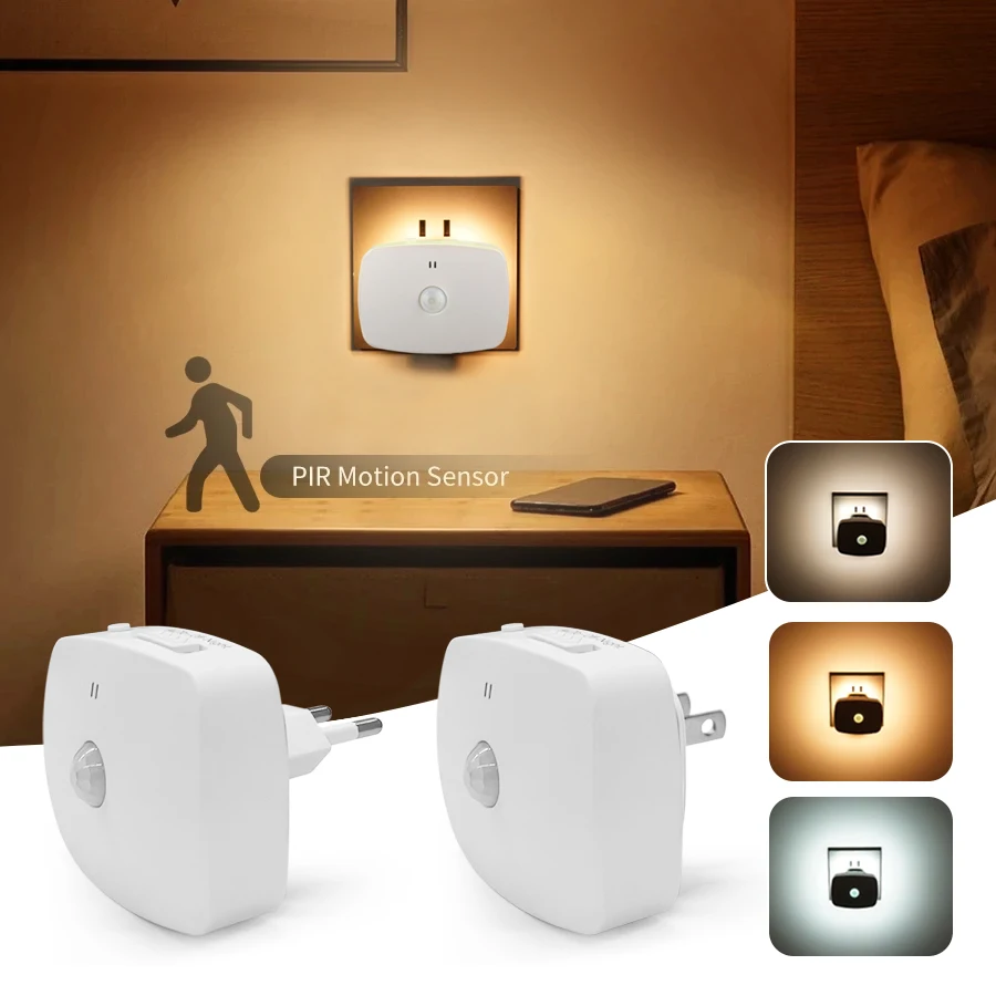 

EU US Plug in Wall Lamp with Motion Sensor Bedroom Kitchen Hallway Stairs Infrared Induction LED Night Emergency Lamp 3 Colors