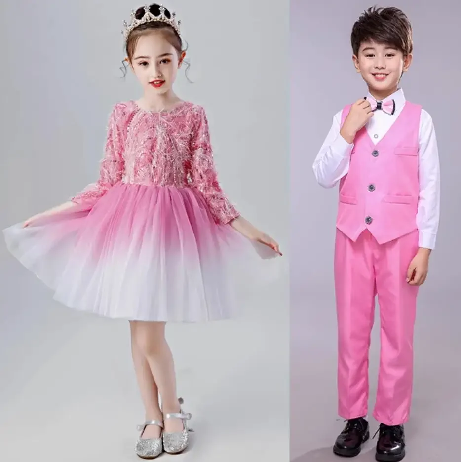 Vestido de baile moderno para niñas y niños, traje de baile de manga larga para Salsa, vals, coro, vestidos de fiesta para niños