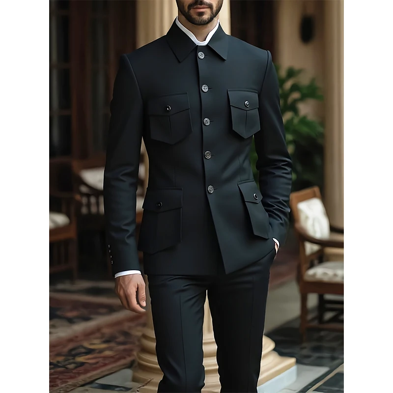 

Suit Blazer Jacket Men's Chinese Style Suit Jacket Zhongshan Suit Blazer Business Formal 4-Button Mandarin Collar Symmetrical