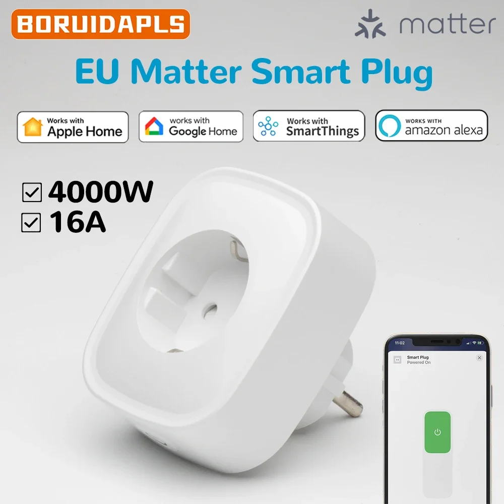 

BORUIDAPLS Matter Smart Plug EU 220V Works with Apple HomeKit Alexa SmartThings Google Home App Voice Remote Control Socket 16A
