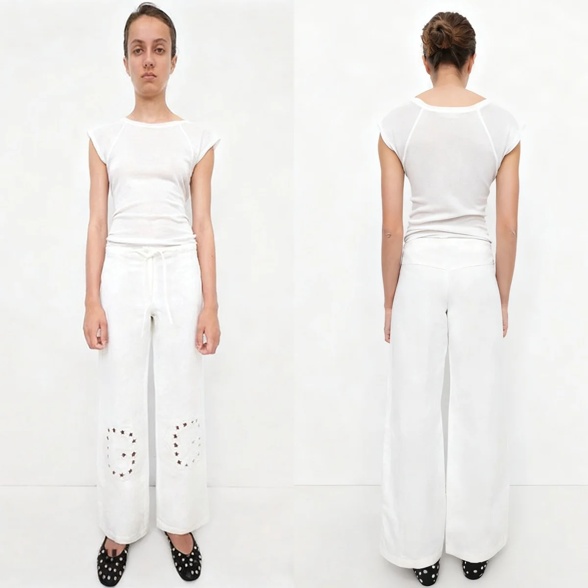 

Gim White Cotton and Linen Autumn and Winter Casual Pants Embroidered Straight-Leg Pants Slightly Sheer Pants Sports Commuting Pants Drawstring Mid-Low Waist Straight-Leg Pants Star Embroidery Hollow-Out