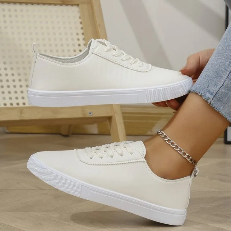 Women's Sneakers Round Toe Flat Heel Smooth Upper Lace Up Walking Shoes Minimalist Casual Daily Footwear Simple Clean Daily Wear