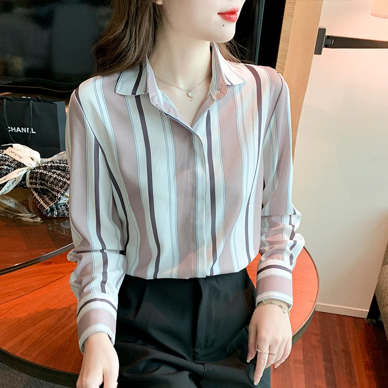 Vintage Women Shirt Stripe Basic Womens Tops Long Sleeve Blouse Korean Fashion Women Clothing Korean Popular Clothes OL Shirts