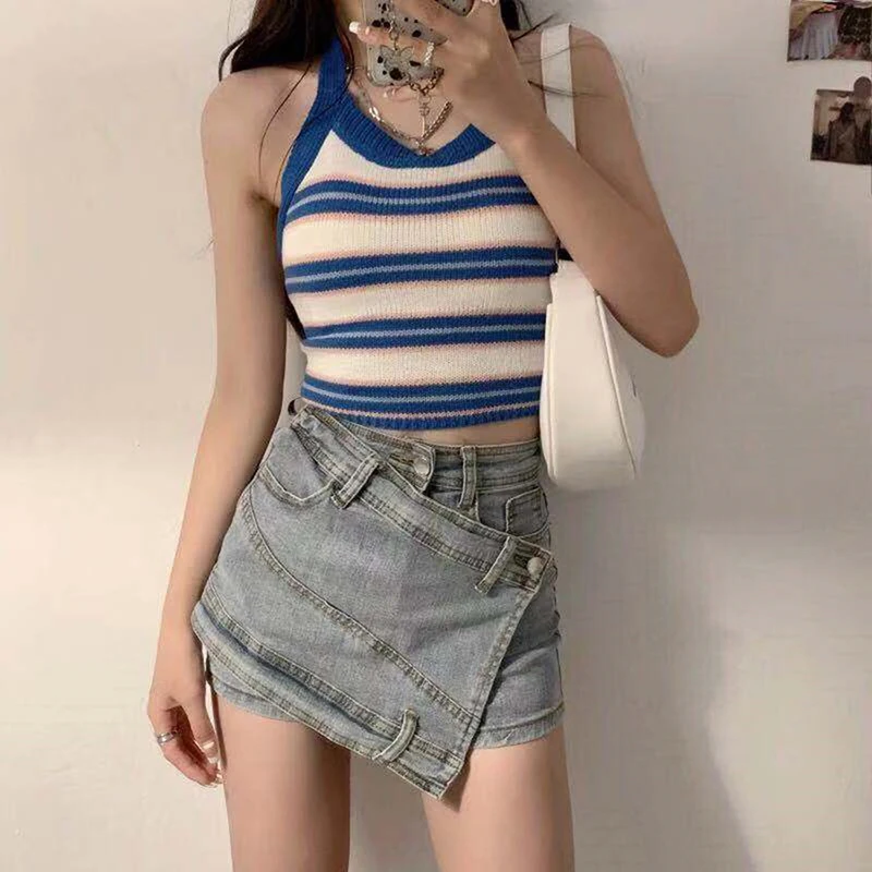 Women Halter Tops Sexy Y2K Crop Tops Stripes Knitted Backless Strappy Bandage Crop Tops