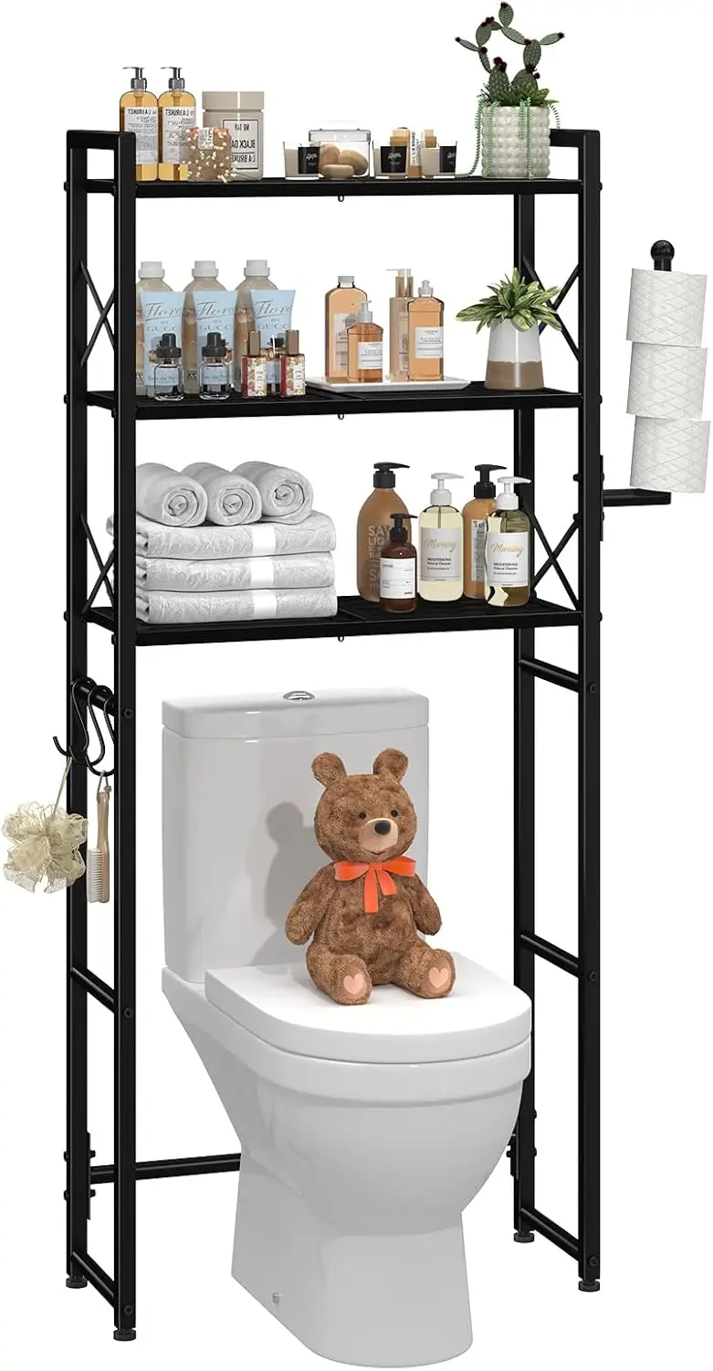 

Over The Toilet Rack with Toilet Paper Holder, Heavy Duty Metal 3 Tier Bathroom Organizer Shelf with 3 , White Sponge holder