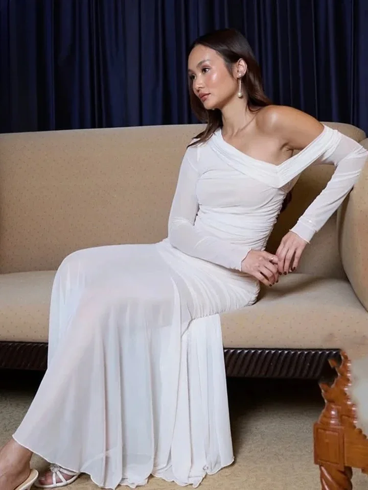 Siateczkowe, prześwitujące sukienki maxi z jednym ramieniem i długim rękawem dla kobiet, eleganckie sukienki na wiosnę, na wieczorne przyjęcia.