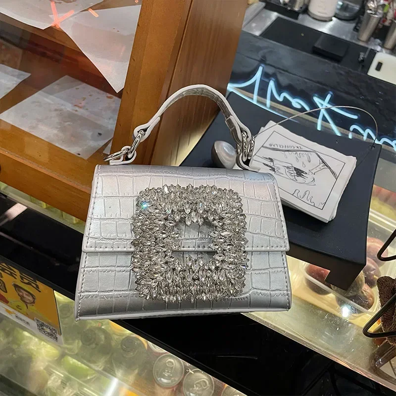 Women's Bags Luxury Tote Bling Party Shoulder Diamond Beaded Square Rhinestone PU Leather Crocodile Designer Crossbody Handbag