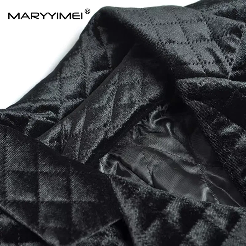 MARYYIMEI Women\'s Elegant Daily Basic Casual Style Coat Long-Sleeved Nail Drill Double-Breasted Lace-Up Slim Black Overcoat