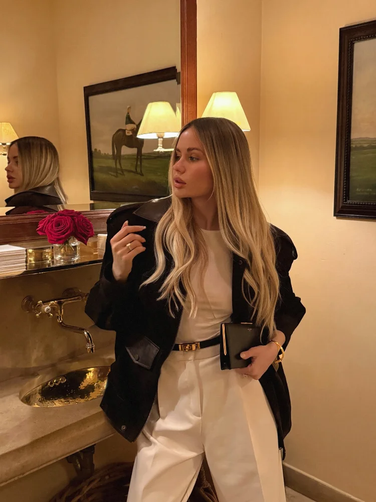 

Women's Fashion Patchwork Suede Leather Jacket Brown Lapel Long Sleeve Fake Pocket Coats 2025 Autumn Lady Street Zipper Outwears