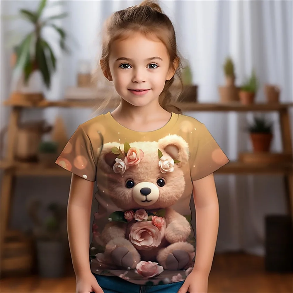 Girl Clothes Children T-Shirt Short Sleeve Bear 3D Print Kids Summer Clothes Fashion Kawaii Round Neck Boy Clothing Girl Top Tee