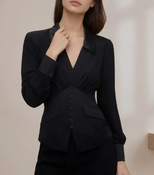 

Solid Color V-Neck Asymmetrical Slim Fit Chiffon Top for Autumn Women's Temperament Sexy Perspective Backless Long Sleeved Shirt