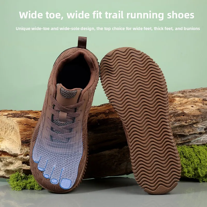 Men's Brown Wide Toe Box Wide Width Barefoot Trail Running Shoes Anti-Slip Soft Sole Lightweight Lace Up Outdoor Hiking Sneakers