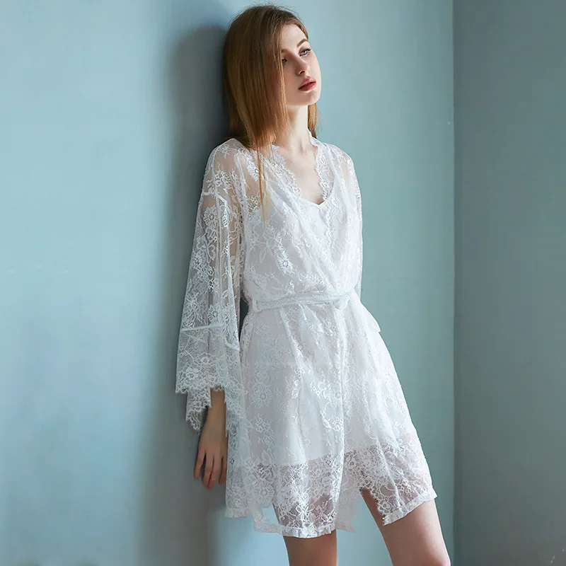 Romantic Elegant Women’s Silky Satin Lace Trim Cami Nightgown Robe 2-Piece Set Relaxed Fit Spring Summer Loungewear