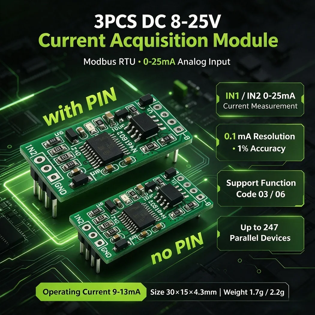 3PCS RS485 Modbus RTU 4-20mA 0-20mA Current Acquisition Module 0-25MA Analog Input for PLC DC8-25V