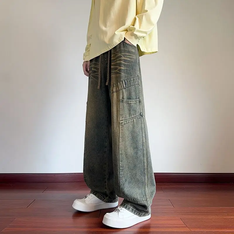 

Men's Spring And Autumn Casual Pants Washed Jeans Retro Trendy Brand Large Size Straight Tube Loose Wide Leg Pants New