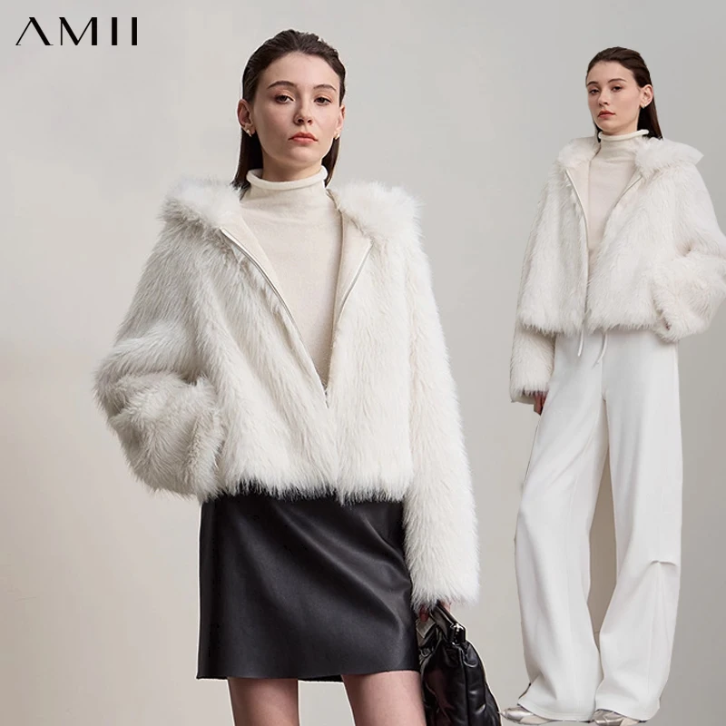 

AMII женское пальто из искусственного меха, новинка 2024 года, зимние теплые свободные пальто с капюшоном и длинными рукавами, элегантная мягкая женская верхняя одежда, куртки 12524016